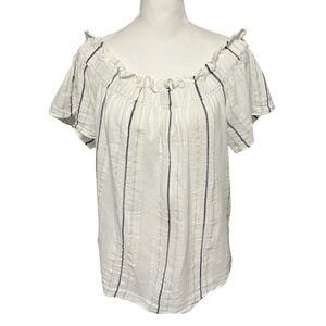 White & Black Off Shoulder Striped Ruffle Cotton‎ Top Short Sleeve Blouse Large